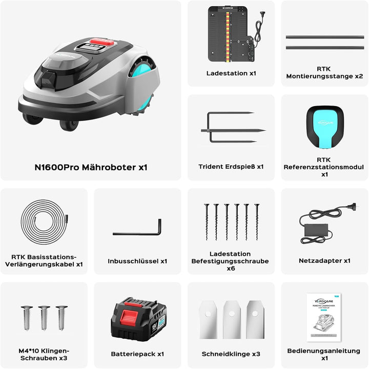 YARDCARE N1600PRO Mähroboter ohne Begrenzungskabel, bis 1600 m², RTK-Navigation mit 3D-Umgebungserke