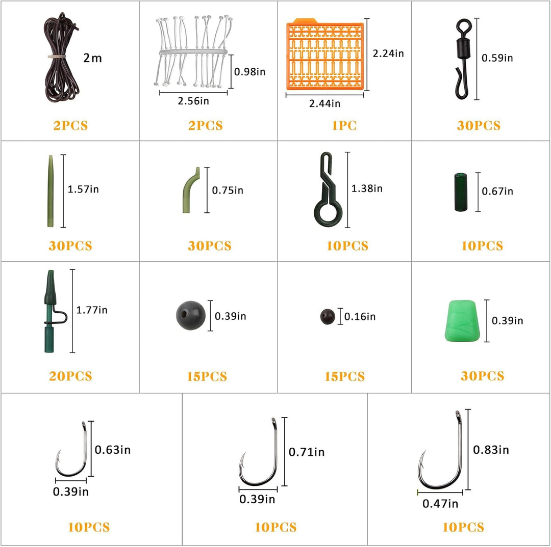 Karpfen Angelzubehör Set, 225stk Karpfen Tackle Kit inkl. Karpfenhaken, Anti-Verhedderungshülsen, An