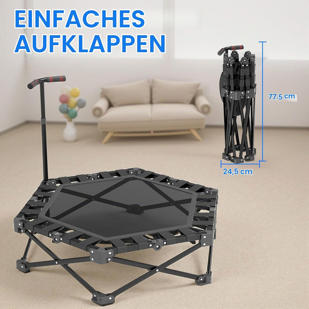 Mini Trampolin Klappbar, Fitness Trampolin Indoor mit Verstellbarem Griff, Minitrampolin für Erwachs