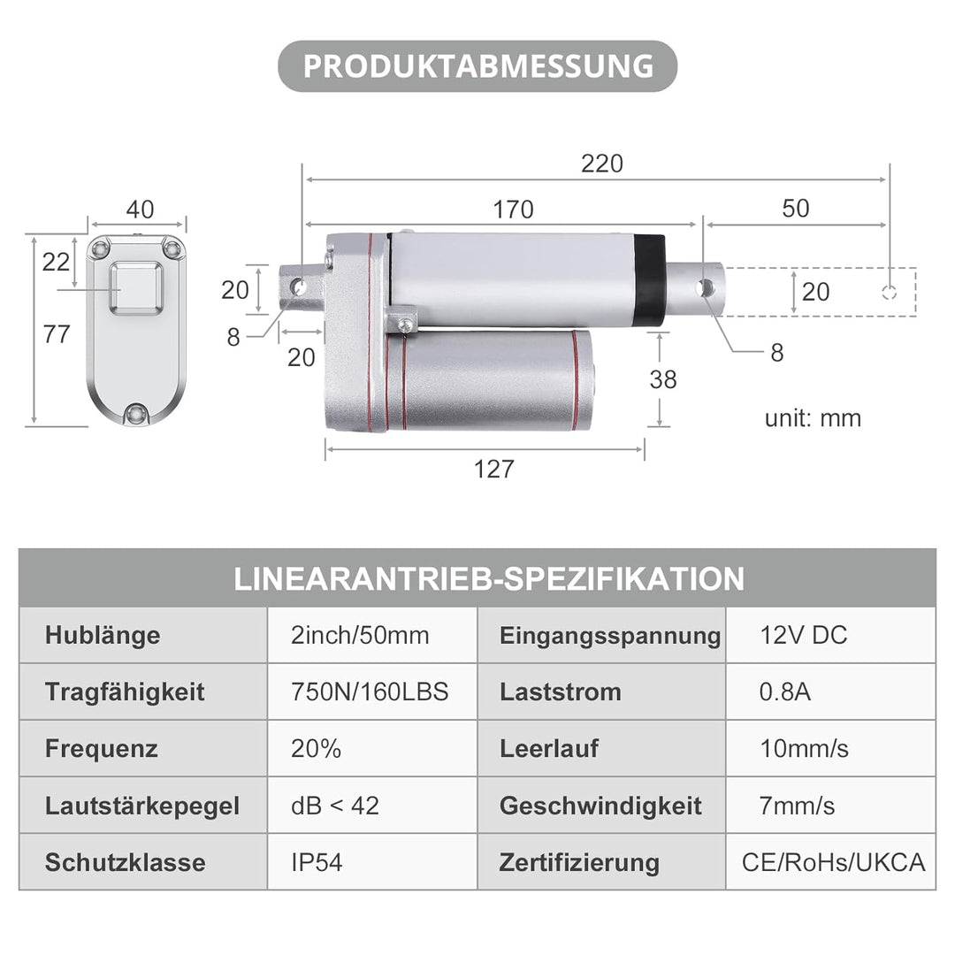 Justech Linearmotor Verstellantrieb Toröffner Linear Actuator Motor 12v DC 750N 50mm Lineartechnik E
