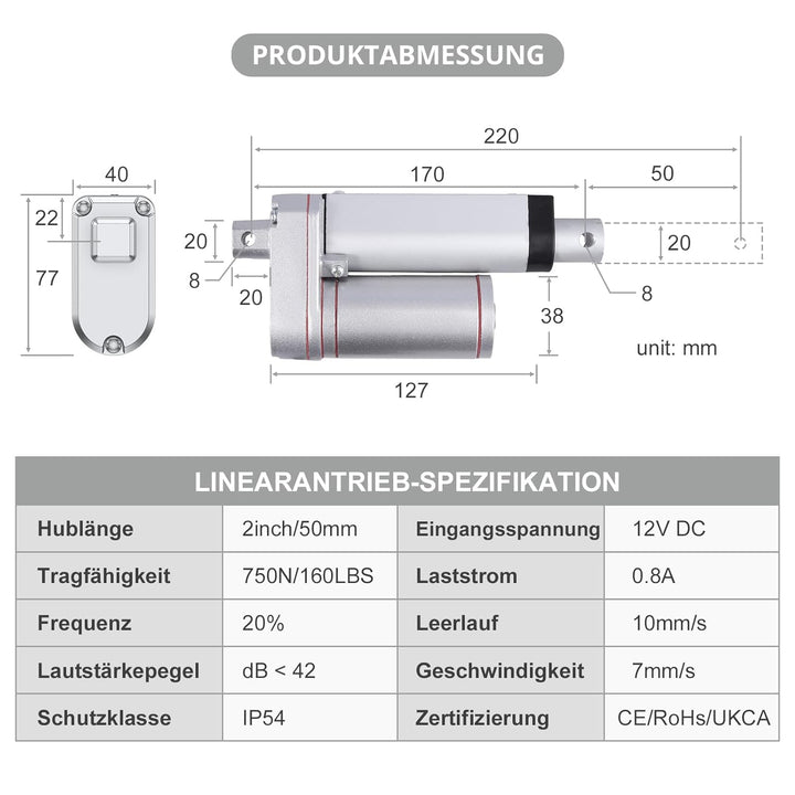 Justech Linearmotor Verstellantrieb Toröffner Linear Actuator Motor 12v DC 750N 50mm Lineartechnik E