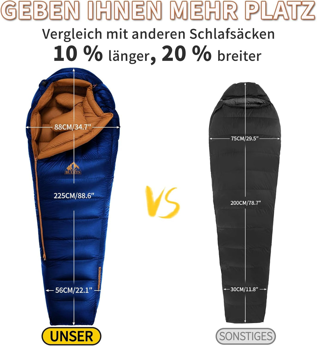 Winter-Daunenschlafsack, für 0 bis -24°C kaltes Wetter. Ultraleichter Mumien-Schlafsack, für Erwachs