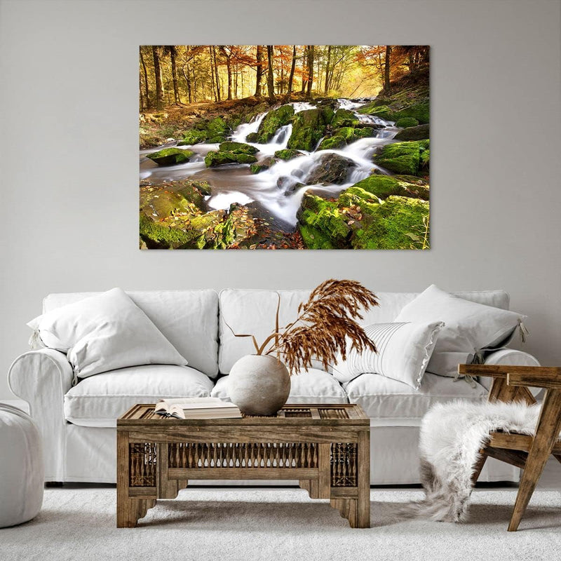 ARTTOR Bilder auf Leinwand 100x70cm Leinwandbild Sonne Berg Bach Park Gross Wanddeko Bild Schlafzimm