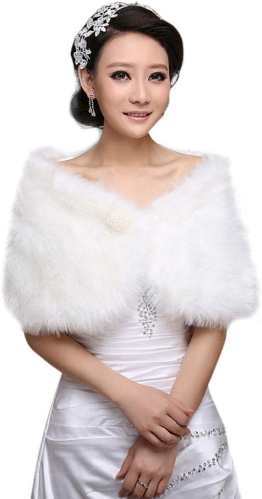 Womens White Kunstpelz Braut Wrap Stola Schal Cape Hochzeit Künstliche Perle Ball Verschönerung Wint