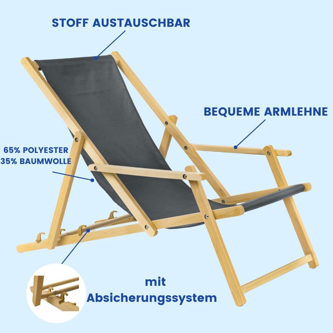 Holz Sonnenliege Strandliege Liegestuhl aus Holz 3 Stufen Klappbare Gartenliege mit Armauflagen grau