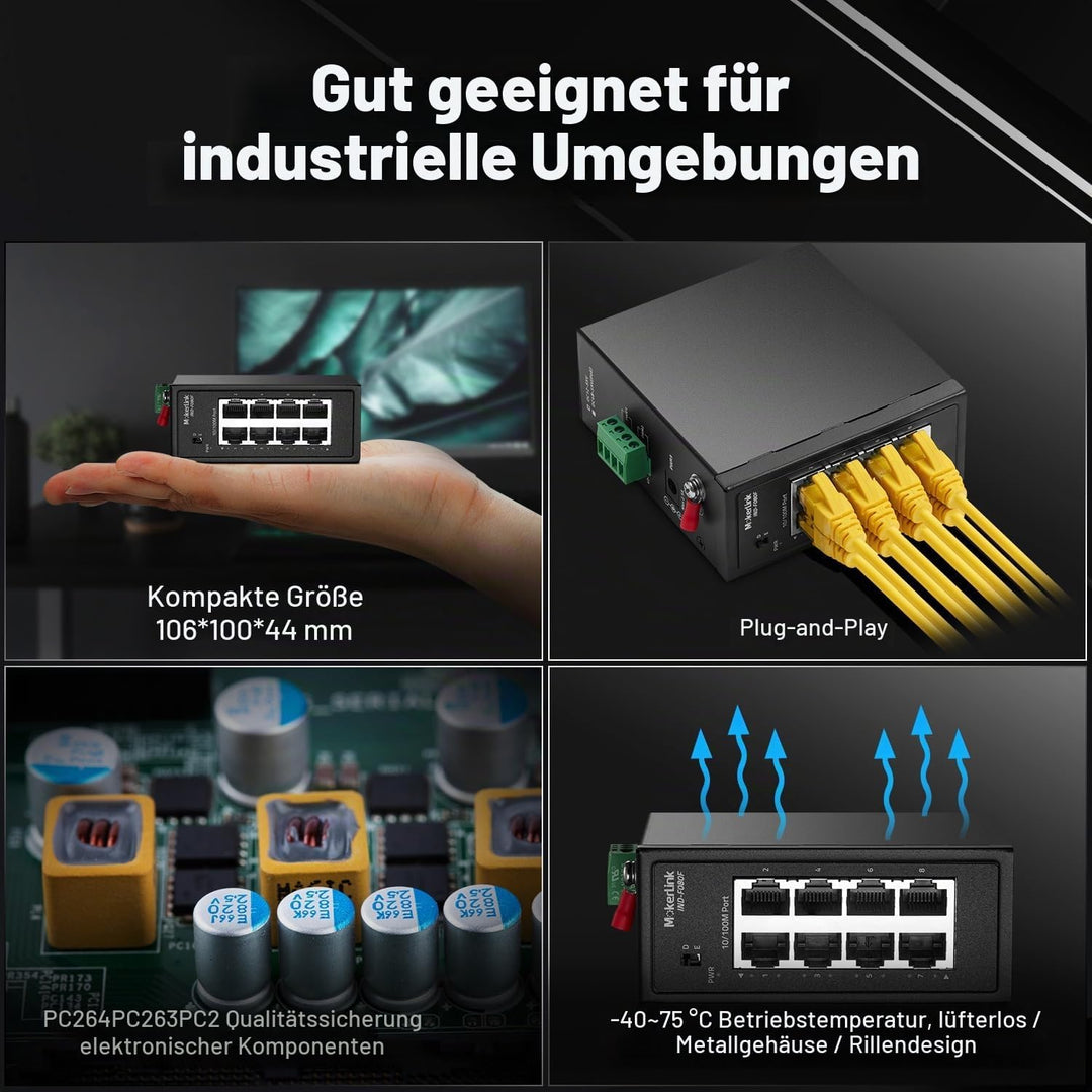 MokerLink 8-Port-Industrie-DIN-Schienenschalter, 8 x 10/100 Mbit/s Ethernet-Ports, Reichweite 250 m,