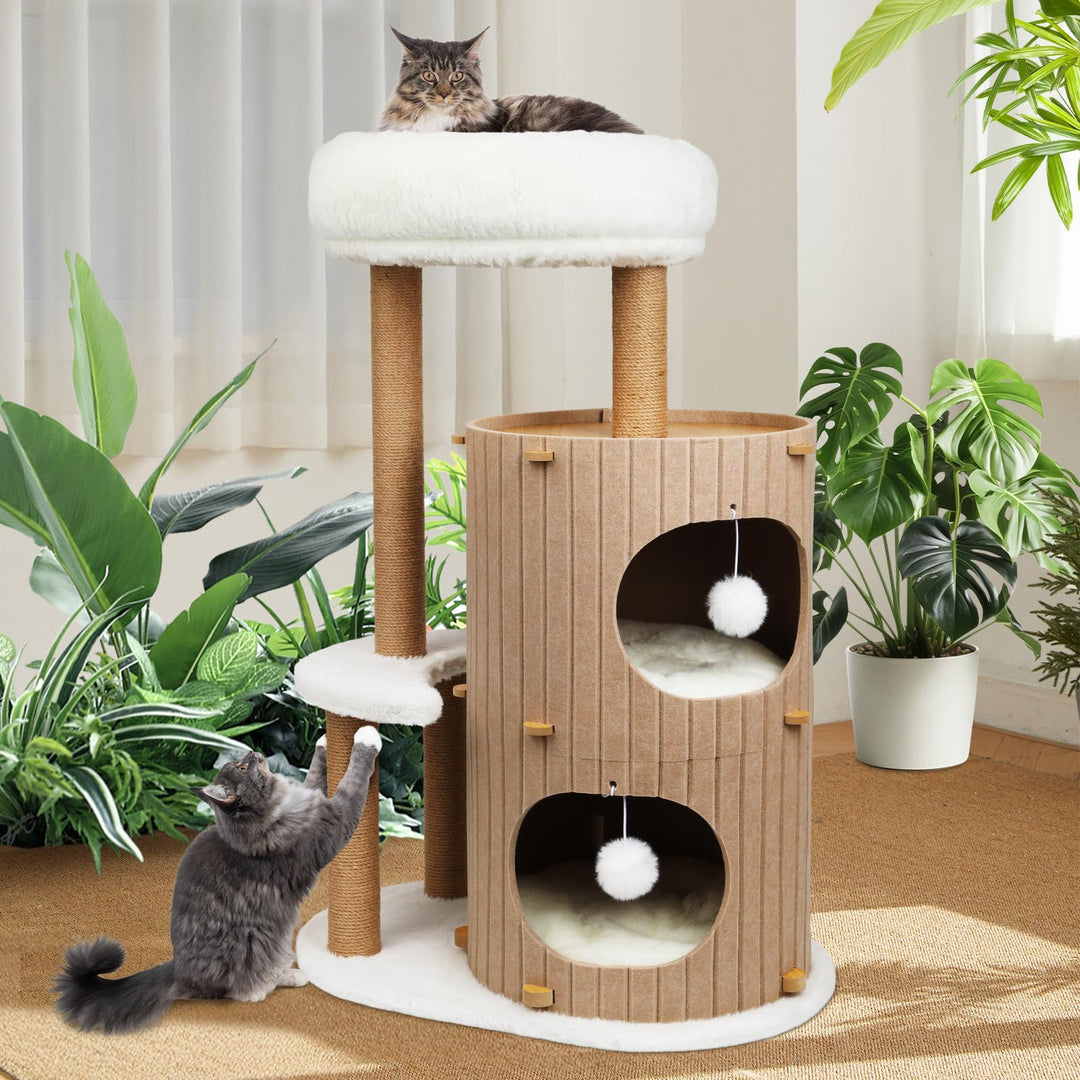 Luxus Kratzbaum mit 2-stöckiger Kratztonne | Katzenbaum mit Katzenschlafhaus, Sisalbrett,abnehmbarem