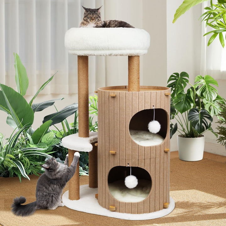 Luxus Kratzbaum mit 2-stöckiger Kratztonne | Katzenbaum mit Katzenschlafhaus, Sisalbrett,abnehmbarem