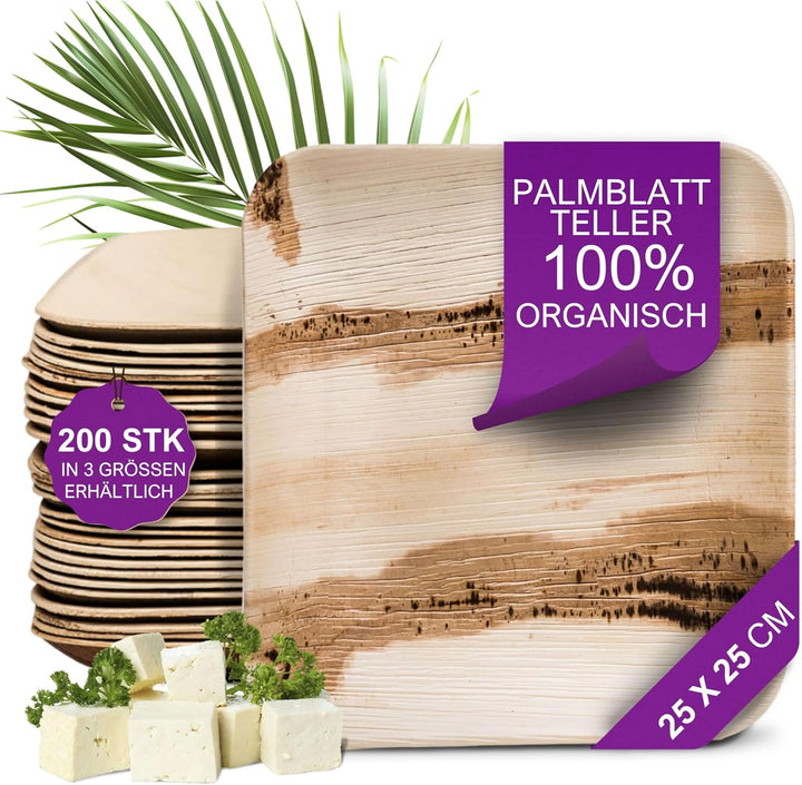 Waipur Bio Palmblattteller - 25 Teller Eckig 15x15 cm - Premium Einweggeschirr kompostierbar erh. in