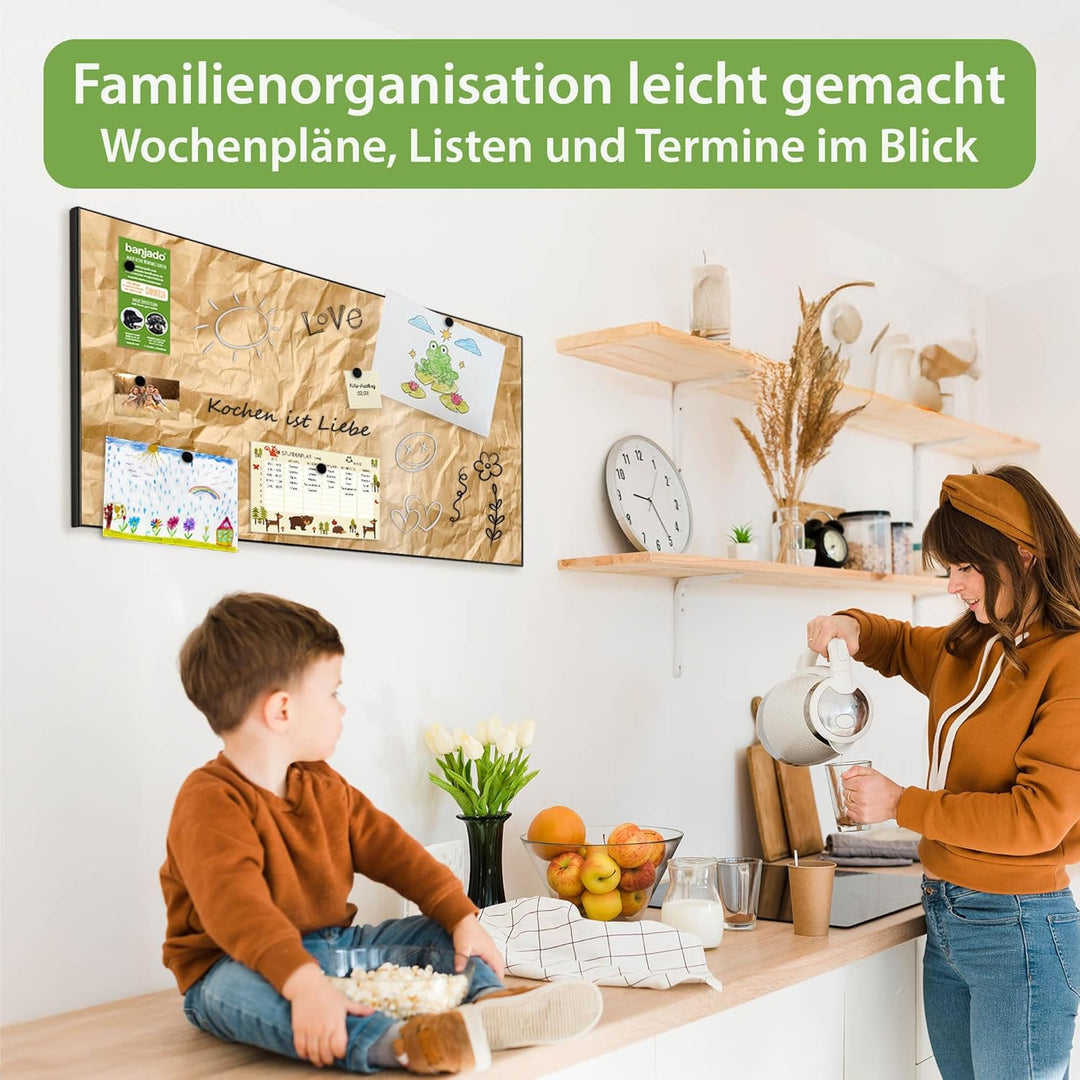 banjado Magnettafel schwarz 78 x 37cm / Magnetwand Metall/Magnetpinnwand als Memoboard/Pinnwand Magn