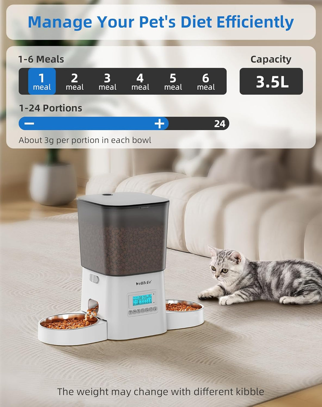 WellToBe Futterautomat für 2 Katzen, Automatischer Futterspender für 2 Haustiere mit Trockenmittelbe