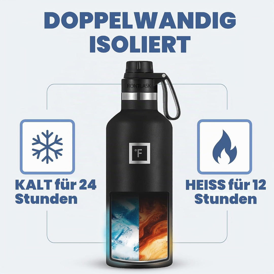 IRON °FLASK Edelstahl Trinkflasche mit 3 Deckel - Auslaufsicher Thermosflasche - Metall Wasserflasch