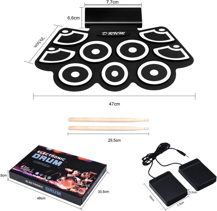 COSTWAY 9 Pads E-Drum, elektronisches Schlagzeug Set mit Bluetooth, Roll-Up-Trommel inkl. Pedale und