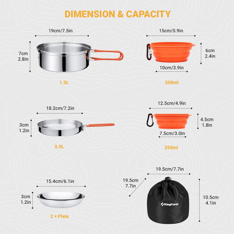 KingCamp Camping Kochgeschirr Set Stainless Steel faltbar Kochset Töpfe Set Geschirr Set Outdoor Koc