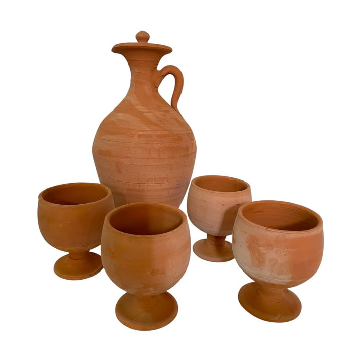 Marokkanisches Berber-Set aus Terrakotta, Krug 2,5 l mit 4 Gläsern, handgefertigt, Karaffe 31 cm mit