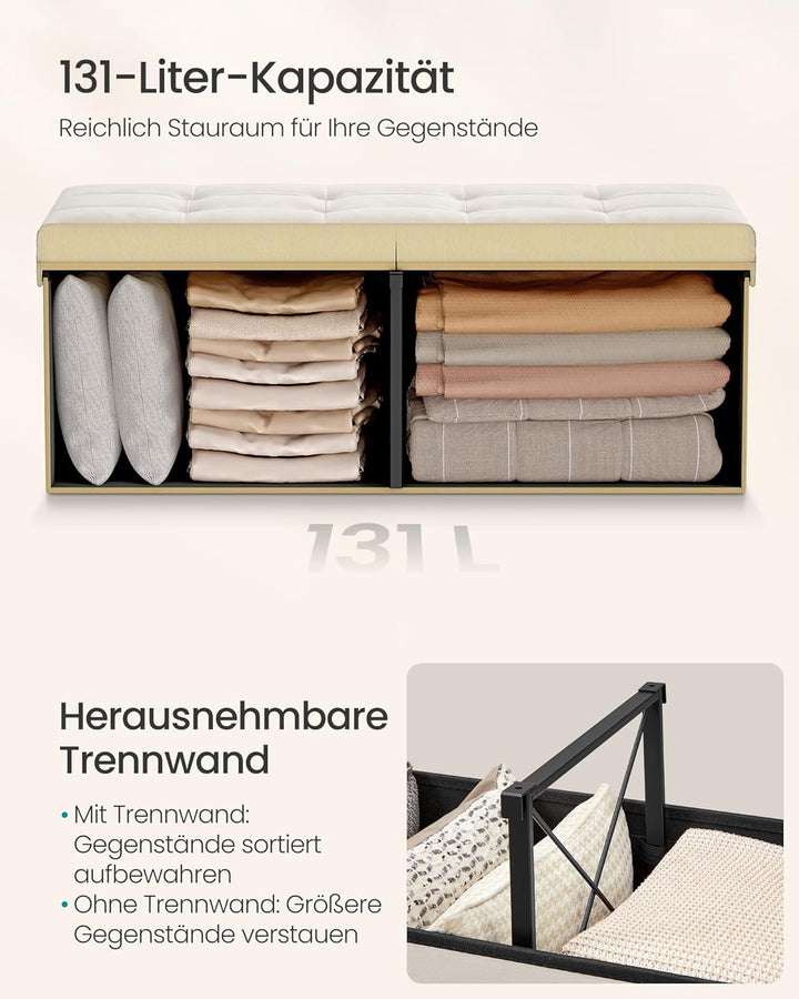 SONGMICS Sitzbank mit Stauraum, klappbare Sitztruhe, 38 x 110 x 38 cm | Aufbewahrungsbox, Deckel kla