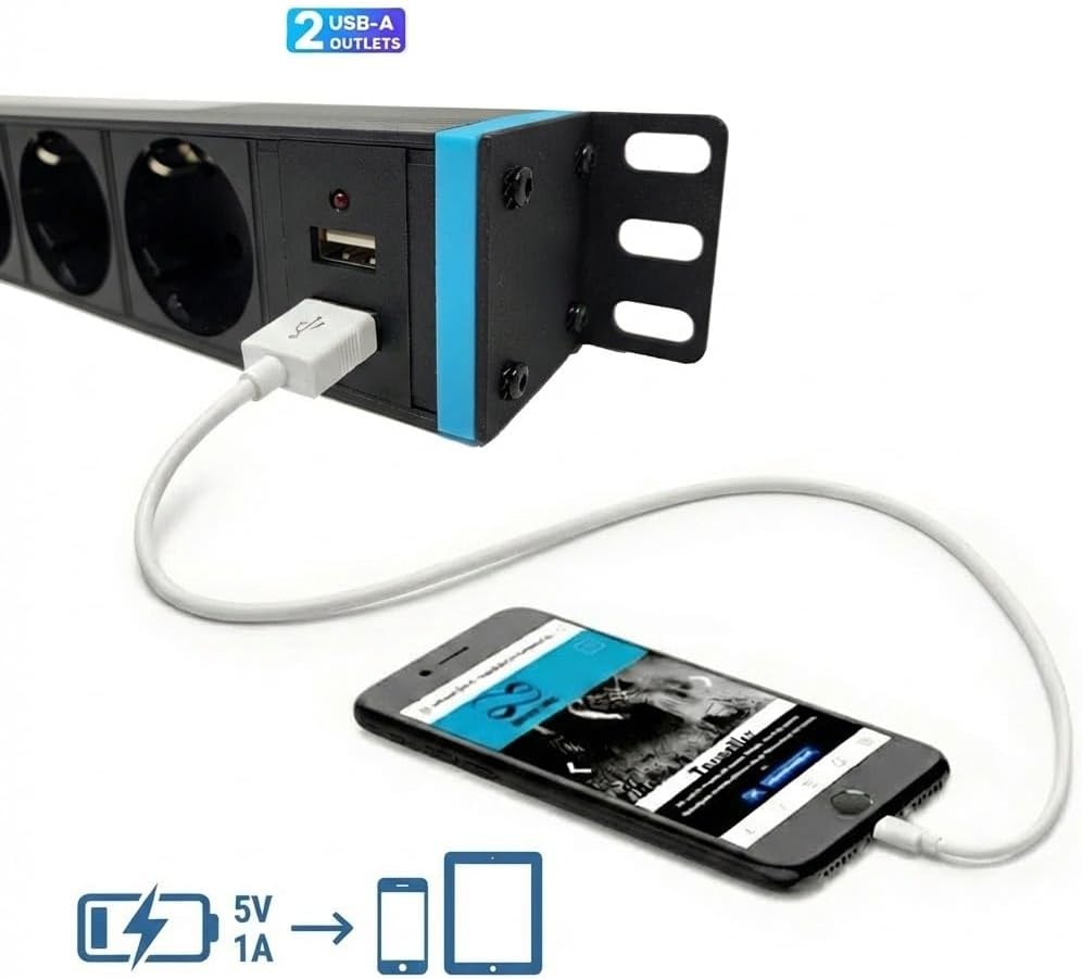 Infitronic - INSV1002-19 Zoll Steckdosenleiste Stromverteiler Rackleuchte 8 Fach 1 HE mit 2 x USB Ch