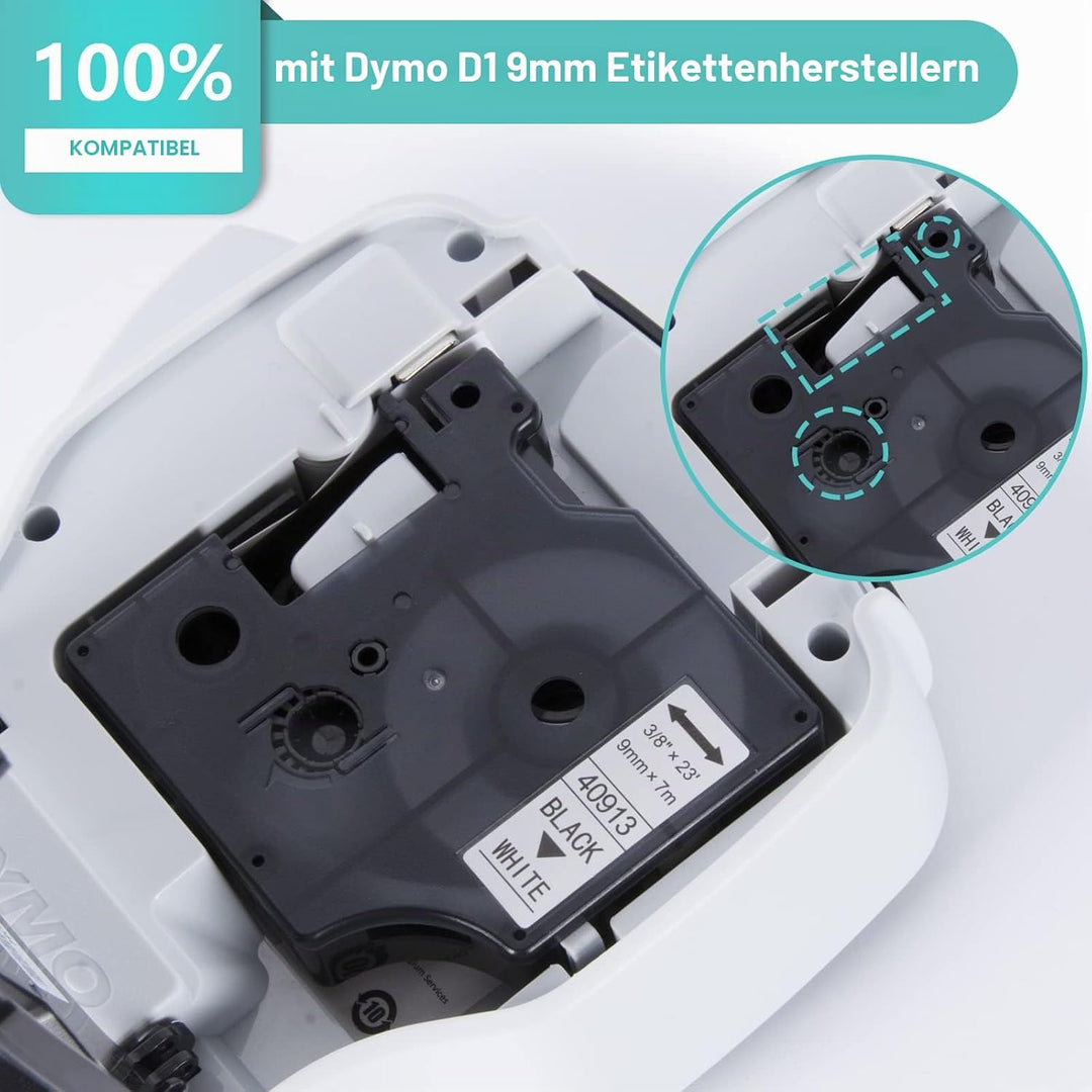 8x Hehua 40913 Etikettenband Ersatz für Dymo D1 9mm x 7m Schwarz auf Weiss | 40913s S0720680 Bänder