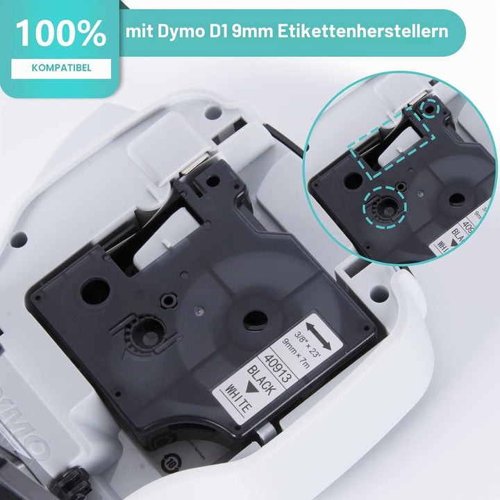 8x Hehua 40913 Etikettenband Ersatz für Dymo D1 9mm x 7m Schwarz auf Weiss | 40913s S0720680 Bänder