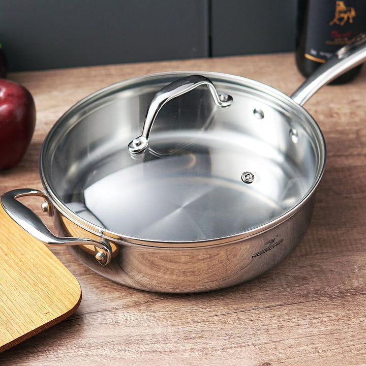 HOMICHEF Spiegelpolierte, nickelfreie Edelstahl-Sautépfanne mit Glasdeckel (keine giftige Antihaftbe