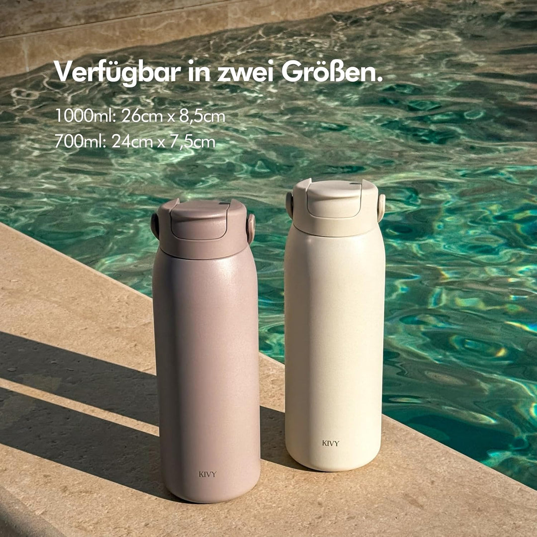 KIVY Edelstahl Trinkflasche mit Strohhalm 1l - 24h Kalt | 12h Heiss - Ausflaufsicher &amp; Spülmaschinen