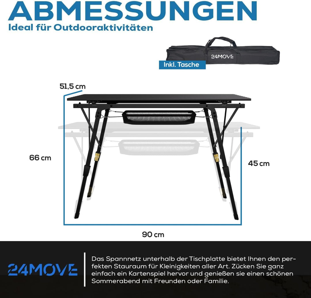 24MOVE® Campingtisch Klapptisch mit Aluminiumrahmen, Tischplatte aufrollbar, Falttisch klappbar, höh