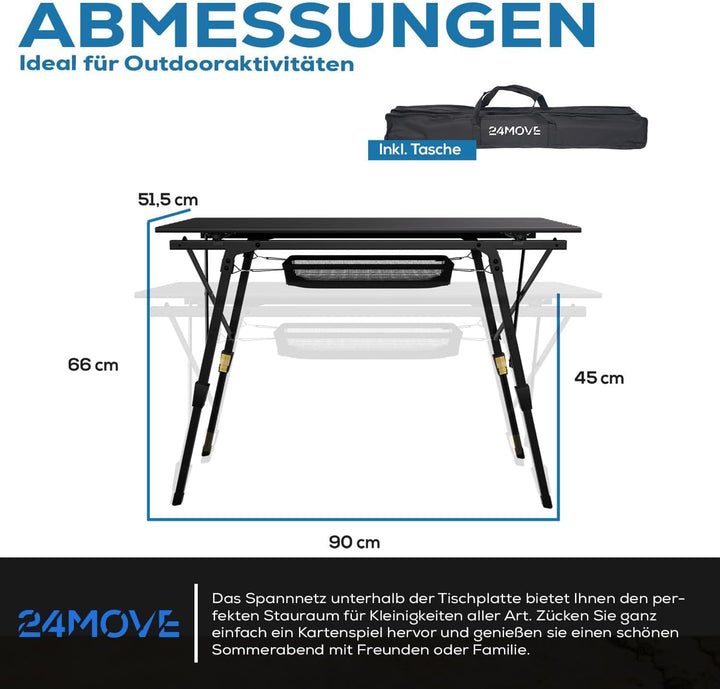 24MOVE® Campingtisch Klapptisch mit Aluminiumrahmen, Tischplatte aufrollbar, Falttisch klappbar, höh