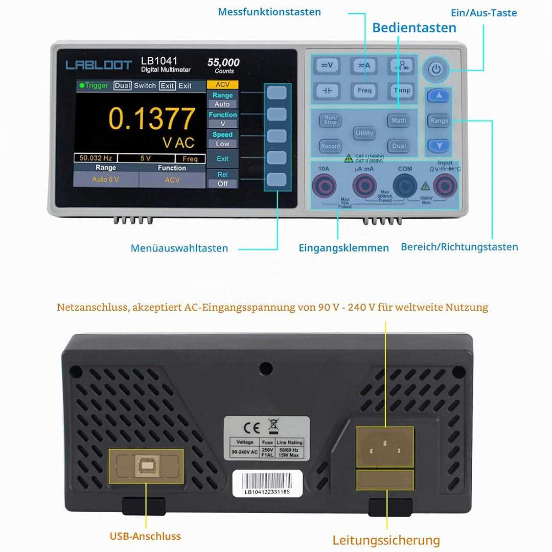 Labloot LB1041 USB Digitales Multimeter, 3,7 Zoll LCD-Bildschirm, 55000 Counts True RMS Temperatur M