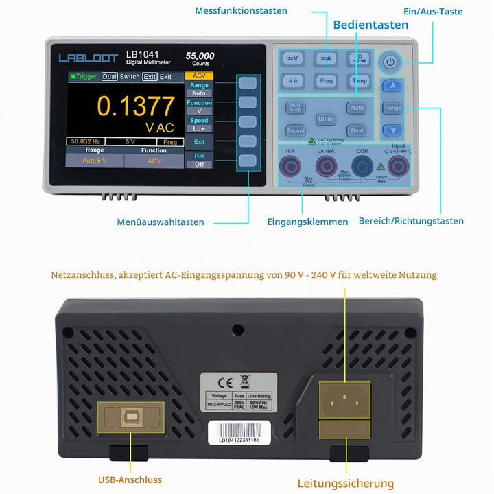 Labloot LB1041 USB Digitales Multimeter, 3,7 Zoll LCD-Bildschirm, 55000 Counts True RMS Temperatur M