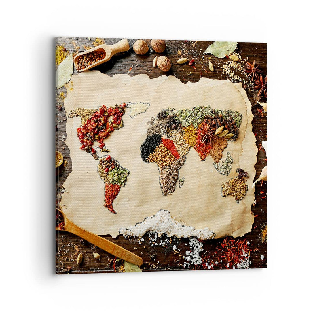 Bilder auf Leinwand 70x70cm Leinwandbild Welt Karte Gewürze Farben Gross Wanddeko Bild Schlafzimmer