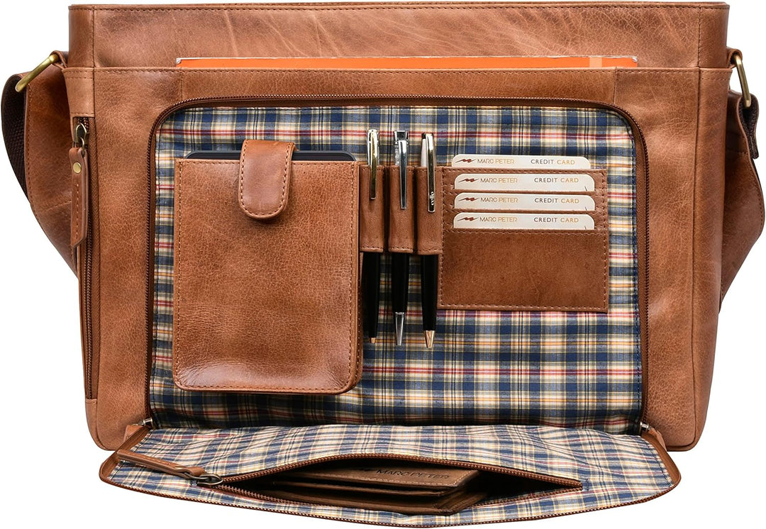 Marc Peter® Bergen leder Umhängetasche für Herren Damen | 15.6 Zoll Laptoptasche | Aktentasche aus e