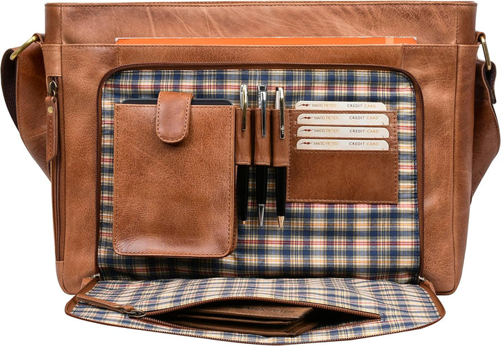 Marc Peter® Bergen leder Umhängetasche für Herren Damen | 15.6 Zoll Laptoptasche | Aktentasche aus e