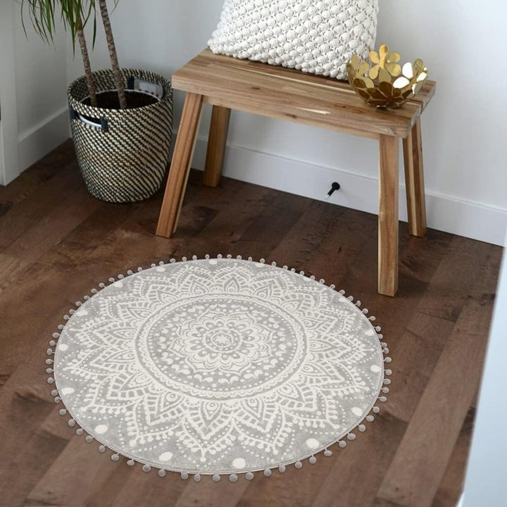 Uphome Runder Boho-Badteppich, 6,9 cm Durchmesser mit Pompom-Ball, Fransen, Vintage-Stil, Mandala, S
