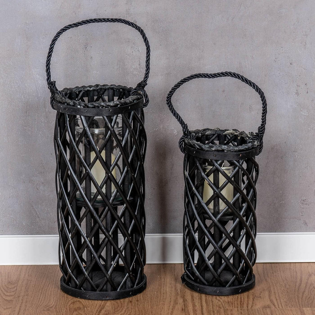 levandeo 2er Set Laterne Windlicht H40cm H31cm Schwarz Holz Weiden-Laterne geflochten Glaseinsatz Ke