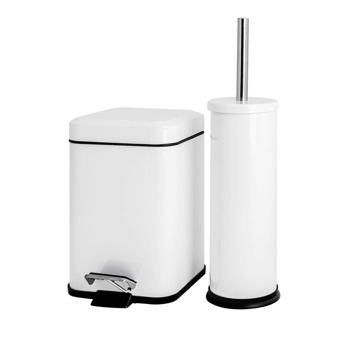 Rink Drink Badezimmer-Set - Eckiger Mülleimer mit Pedal & Toilettenbürste - Weiss - 3 l, Weiss