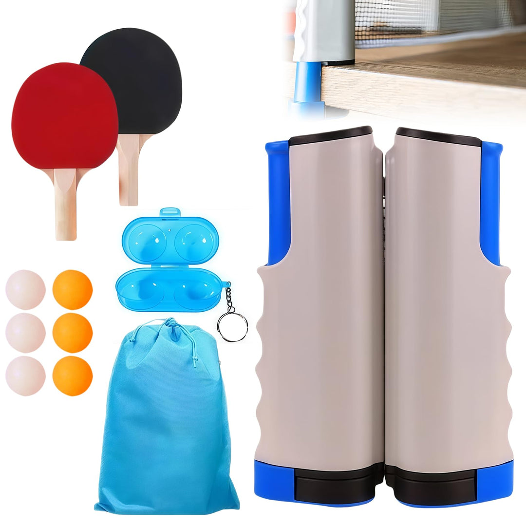 Profi Tischtennisschläger Set: 2 Tischtennisschläger + Einziehbarem Netz + 6 Tischtennis Bälle + 1 T
