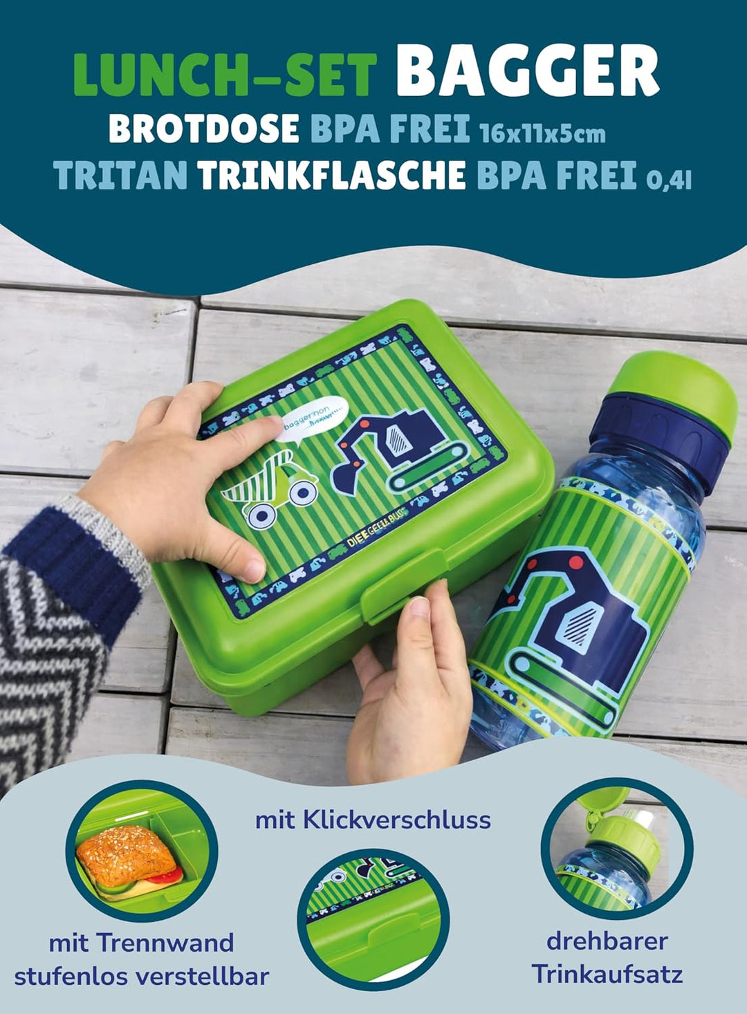 Spiegelburg Kindergarten Rucksack Set 4tlg. mit Turnbeutel, Brotdose und Trinkflasche Bagger Grün Bl
