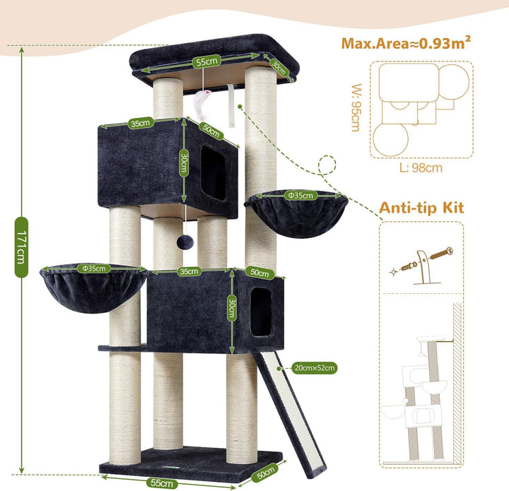 Globlazer Kratzbaum Dicke Stämme 11CM für Grosse Katzen mit 2 Extragross Katzenhaus 50*35*30cm, Ausr