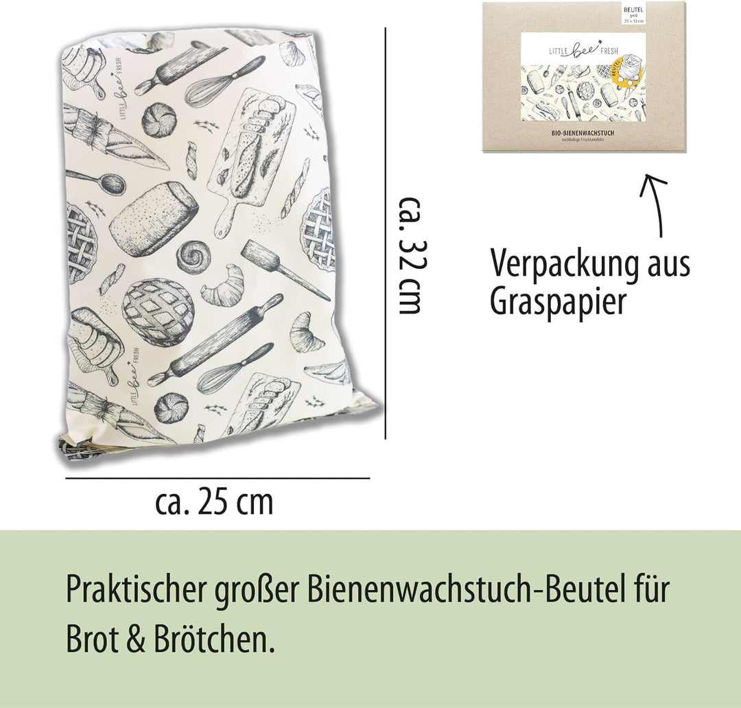 little bee fresh Bio-Bienenwachstuch grosser Brotbeutel 25x32 cm aus Deutschland | Brotsack hält Leb