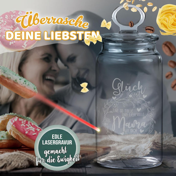 Print Royal PR Keksdose aus Glas mit Gravur - 1100 ml - Glück ist, eine Mama wie dich zu haben - Ges