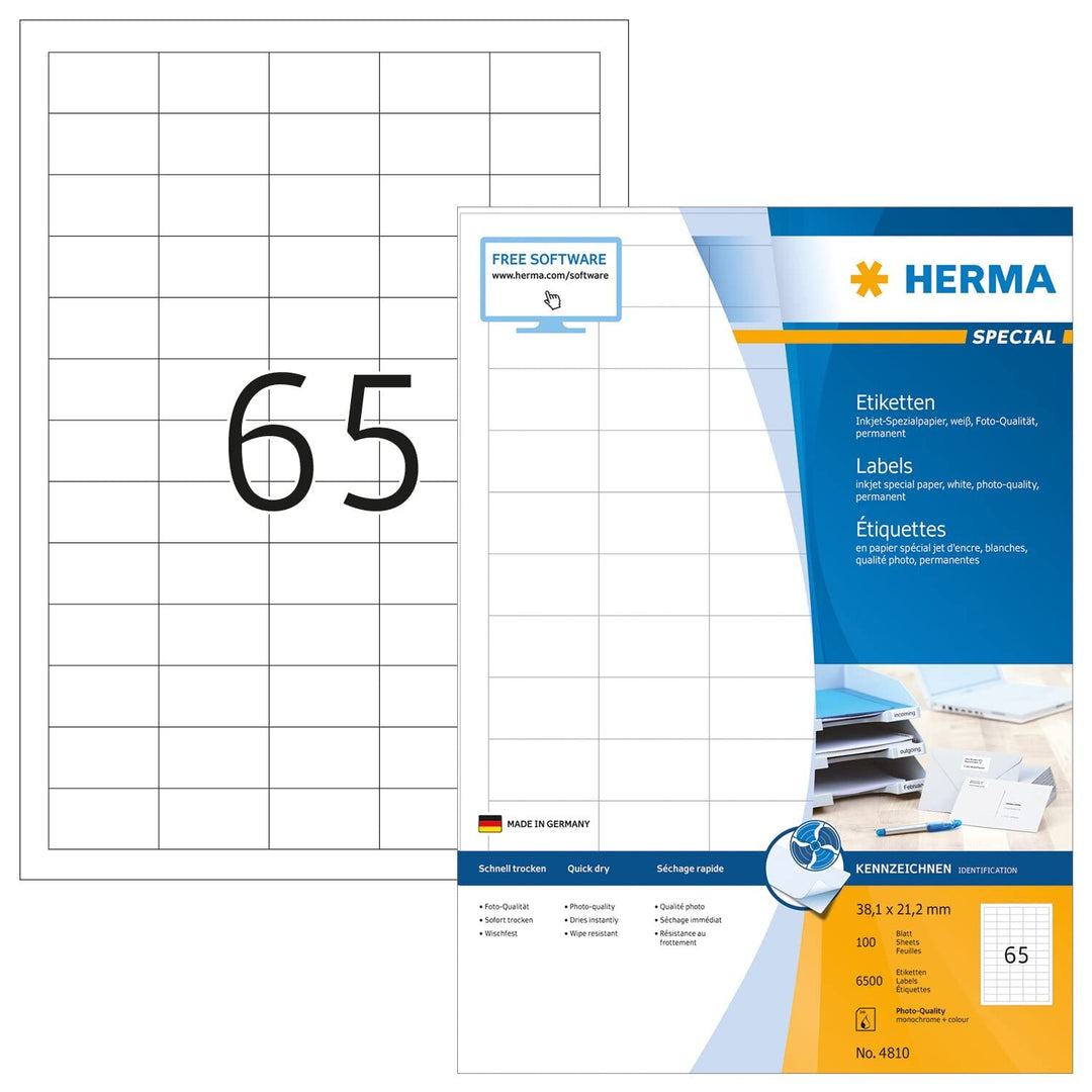 HERMA 4810 Universal Etiketten für Inkjet Drucker, 100 Blatt, 38,1 x 21,2 mm, 65 Stück pro A4 Bogen,