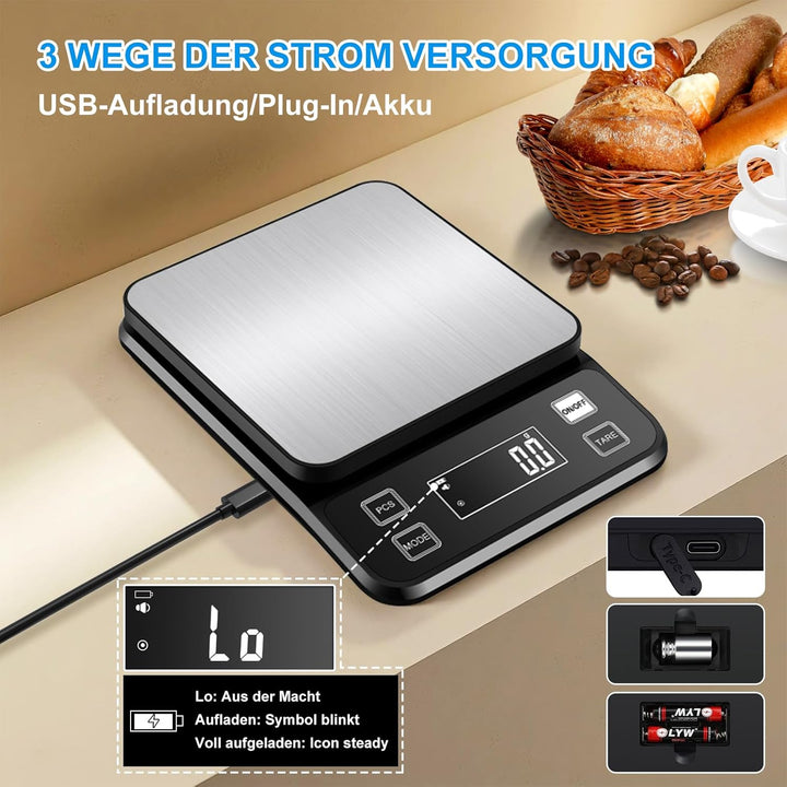 Diyife Wasserdicht IPX67 Küchenwaage 10KG, 0,1g Digitalwaage mit Grosser Edelstahl Wiegefläche, Wied
