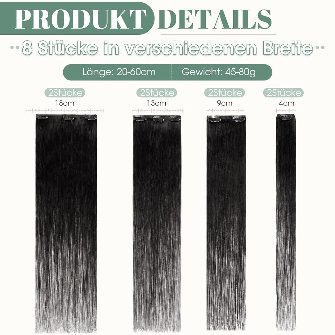 Rich Choices Clip in Extensions Echthaar 8 Stück Clip Extensions 25cm #1 Lackschwarz Haarverlängerun