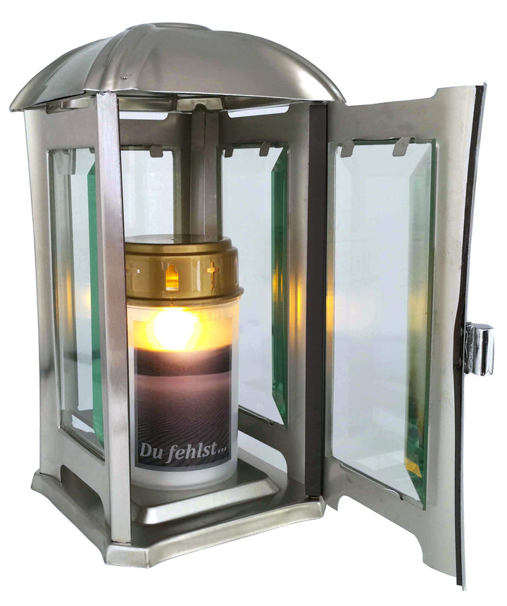 Grablaterne, Grablampe, Grablicht aus Edelstahl mit Facettenglasscheiben inkl. LED-Grablicht 24 cm …