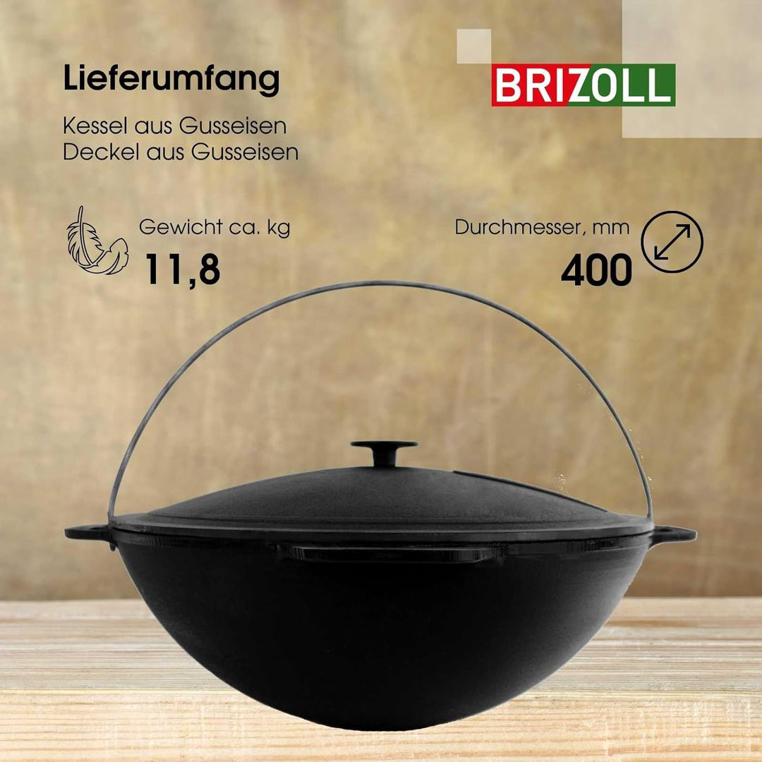 4BIG.fun 15L Gusseisen Schwenktopf Kazan Asia Kasan mit Deckel aus Gusseisen Grillwok Wokpfanne Gril