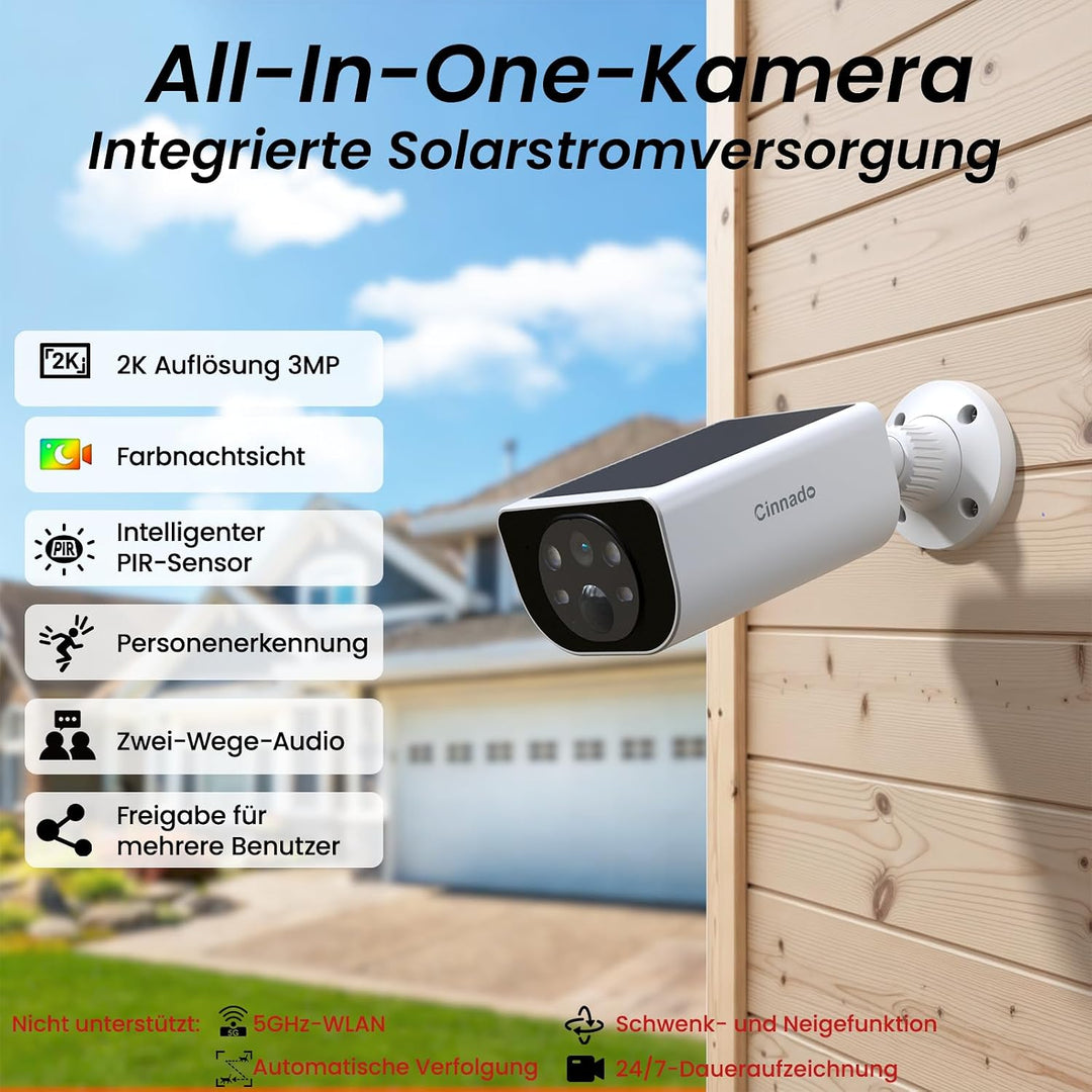 Cinnado Überwachungskamera Aussen Solar Akku - 2K Kabellos Kamera Überwachung Aussen Solar, 2,4 GHz