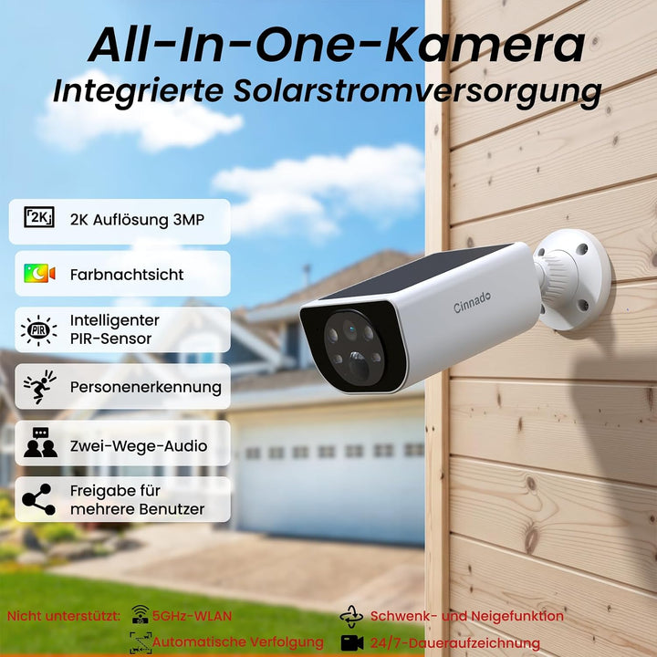 Cinnado Überwachungskamera Aussen Solar Akku - 2K Kabellos Kamera Überwachung Aussen Solar, 2,4 GHz