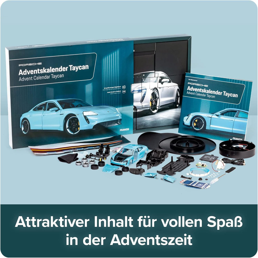 FRANZIS 67203 - Porsche Taycan Adventskalender frozen blue, Metall Modellbausatz im Massstab 1:24, i