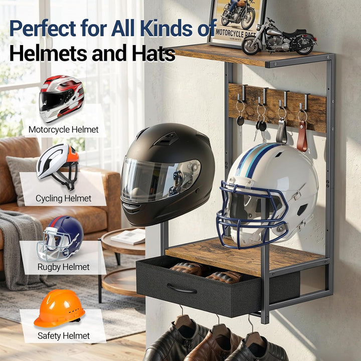 Housolution Motorradhelm Wandhalterung mit Stoffschublade, Helmhalterung mit 4 Handschuhchips und 4