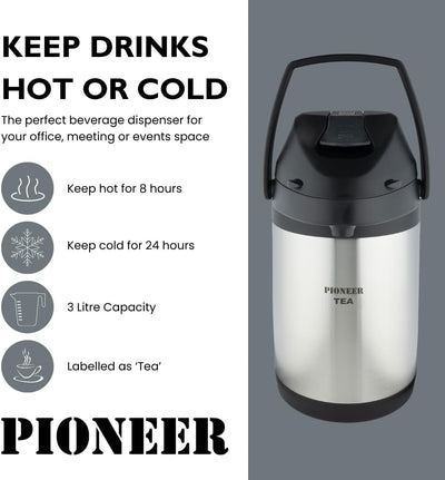 Pioneer Airpot Isolier-Pumpkanne, 3 Liters, Edelstahl-Getränkespender, Beschriftet mit 'TEA', Doppel